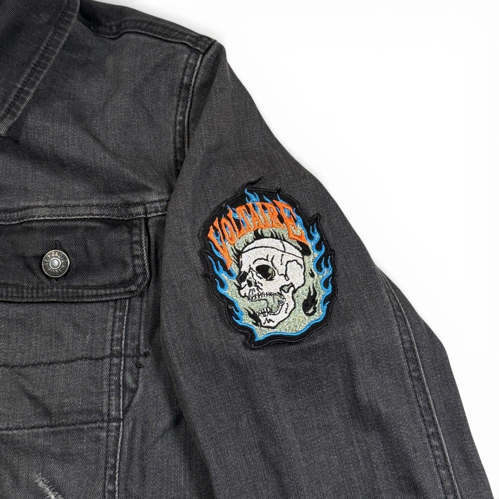 Zadig & Voltaire Noah Faded Black Denim Trucker Jacket Skull Patch Womens 14-S - Picture 9 of 15